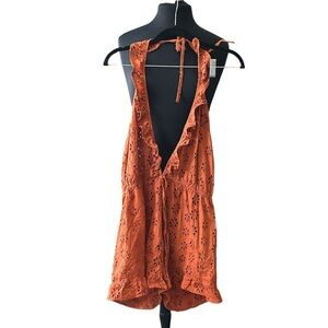 PrettyLittleThing Orange Eyelet Halter Romper